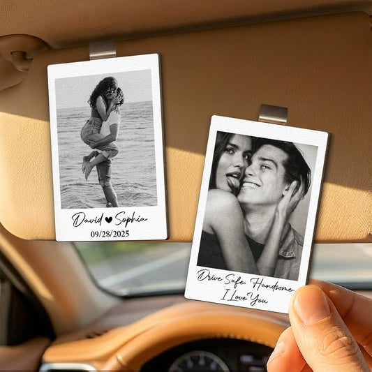 Custom Vintage Retro Couple Photo - Personalized Wooden Photo Car Visor Clip
