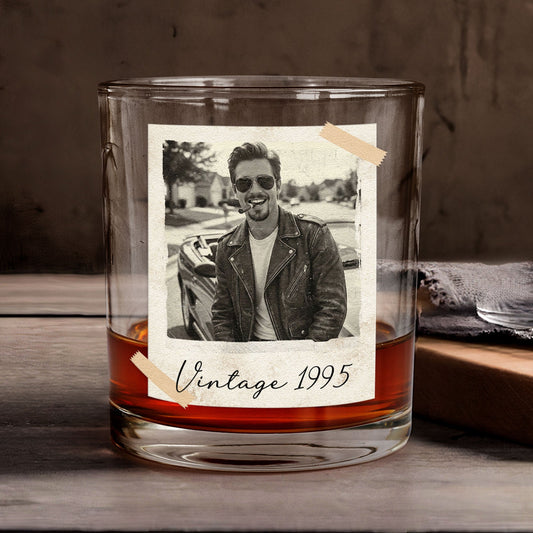Father's Day Gifts, Custom Vintage Retro Polaroid Photo For Him, Husband, Dad, Grandpa - Personalized Photo Whiskey Glass