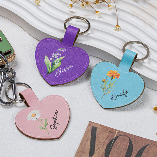 Custom Birth Flower Keychain With Name - Personalized Keychain