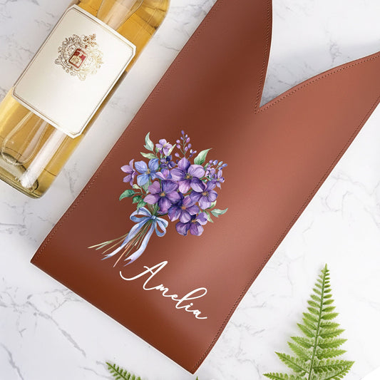 Custom Birth Flower & Name - For Her, Friends, Sisters, Wine Lovers - Personalized Leather Wine Bag