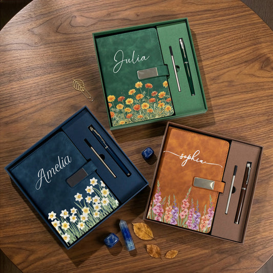 Custom Birth Flower & Name For Her, Wife, Daughter, Sister - Personalized Notebook Set