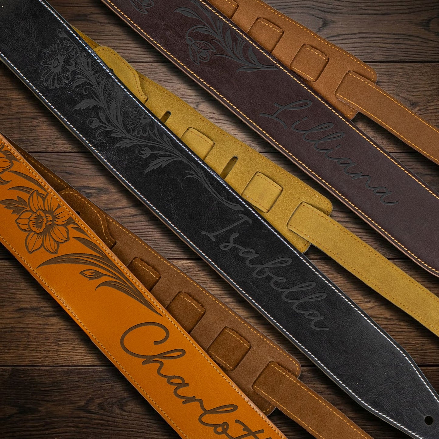 Custom Birth Flower - Personalized Leather Guitar Strap