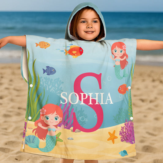 Custom Initial Name Sea Animals - Personalized Kids Hooded Towel