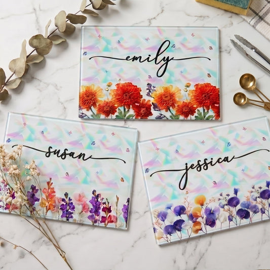 Custom Name & Birth Flower Faux Pressed Flower - Personalized Cutting Board