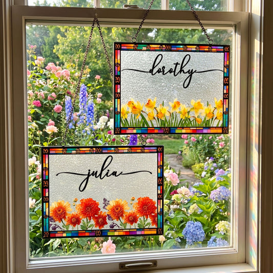 Custom Name Birth Flower Faux Pressed Flower - Personalized Window Hanging Suncatcher