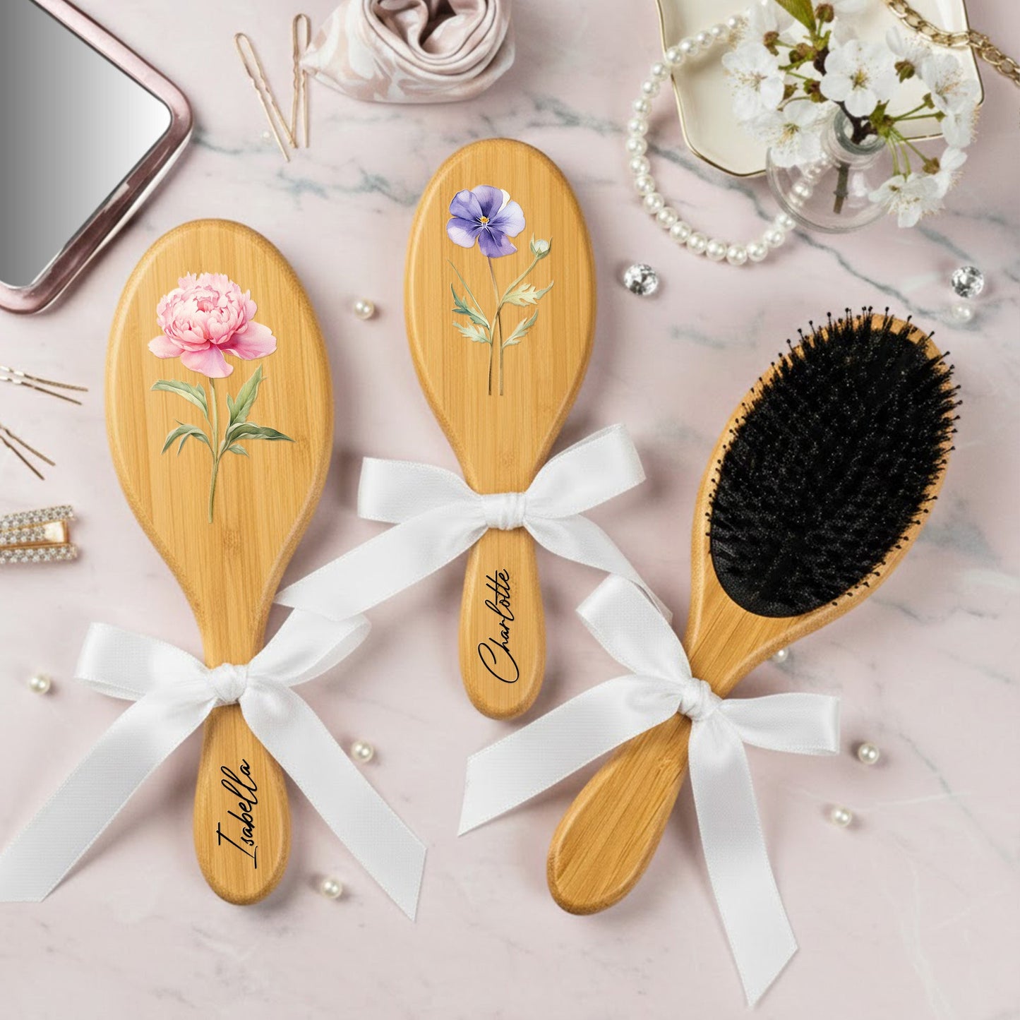 Custom Name & Birth Flower For Her, Daughter, Sister, Thank You Gift - Personalized Hair Brush