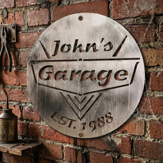 Custom Name & Year Garage Man Cave Steel Workshop Sign For Him - Personalized Metal Sign
