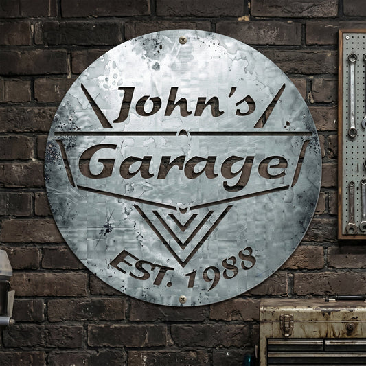 Custom Name & Year Garage Man Cave Steel Workshop Sign For Him - Personalized Metal Sign