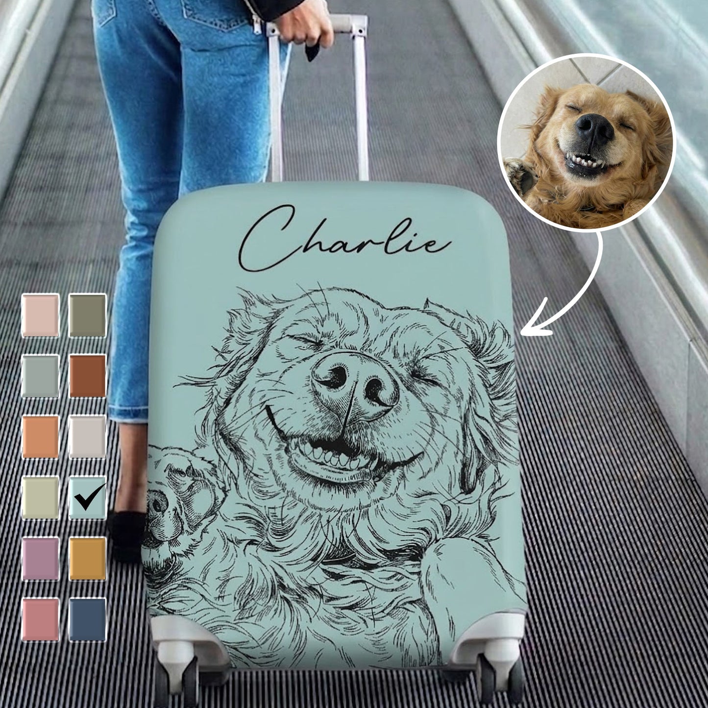 Custom Pet Portrait Sketch Line Art - Personalized Luggage Cover