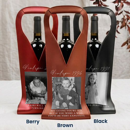 Custom Vintage Photo Trend Birthday Gift For Her, Him, Friends, Family - Personalized Leather Wine Bag