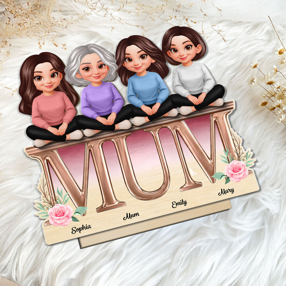 Floral MUM And Daughters Sons - Personalised 2-Layered Wooden Plaque - Gift For Mum
