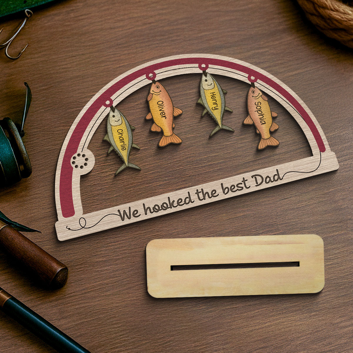 We're Hooked The Best Dad Grandpa Fishing Personalized 2-Layer Standing Wooden Plaque,  Gift For Dad, Gift for Husband