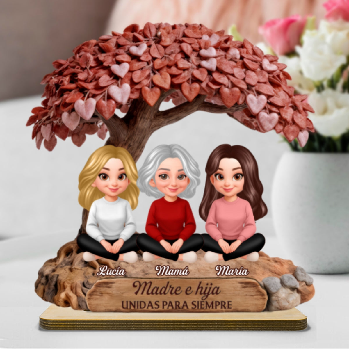 Mam y Hija Hijo Bajo el rbol del Corazn - Placa de Madera Personalizada de 2 Capas - Regalo para Mam