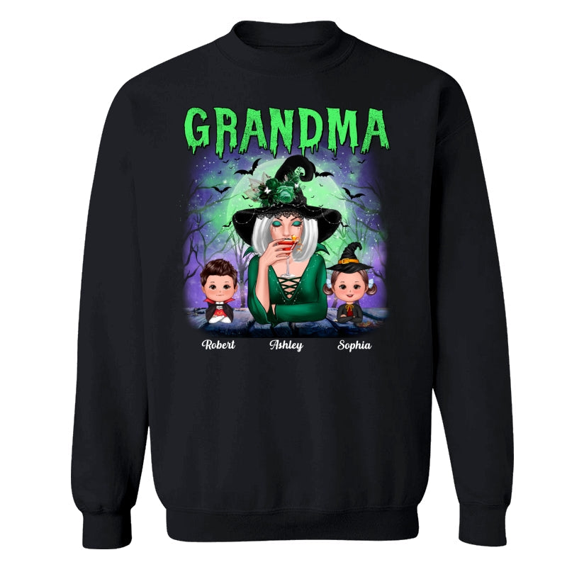 Halloween Neon Green And Purple Grandma With Grandkids Personalized Shirt