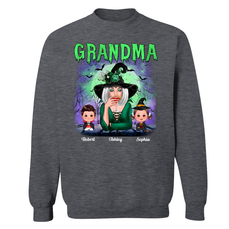 Halloween Neon Green And Purple Grandma With Grandkids Personalized Shirt