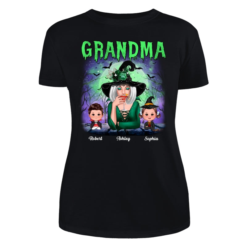 Halloween Neon Green And Purple Grandma With Grandkids Personalized Shirt