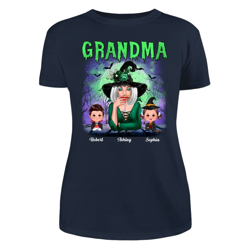 Halloween Neon Green And Purple Grandma With Grandkids Personalized Shirt