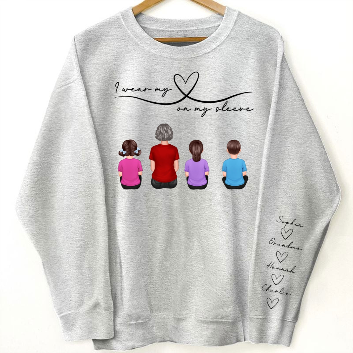 Grandma Mom Wear Her Heart On Her Sleeve, Beautiful Heart Design, Personalized Sleeve Printed Sweatshirt