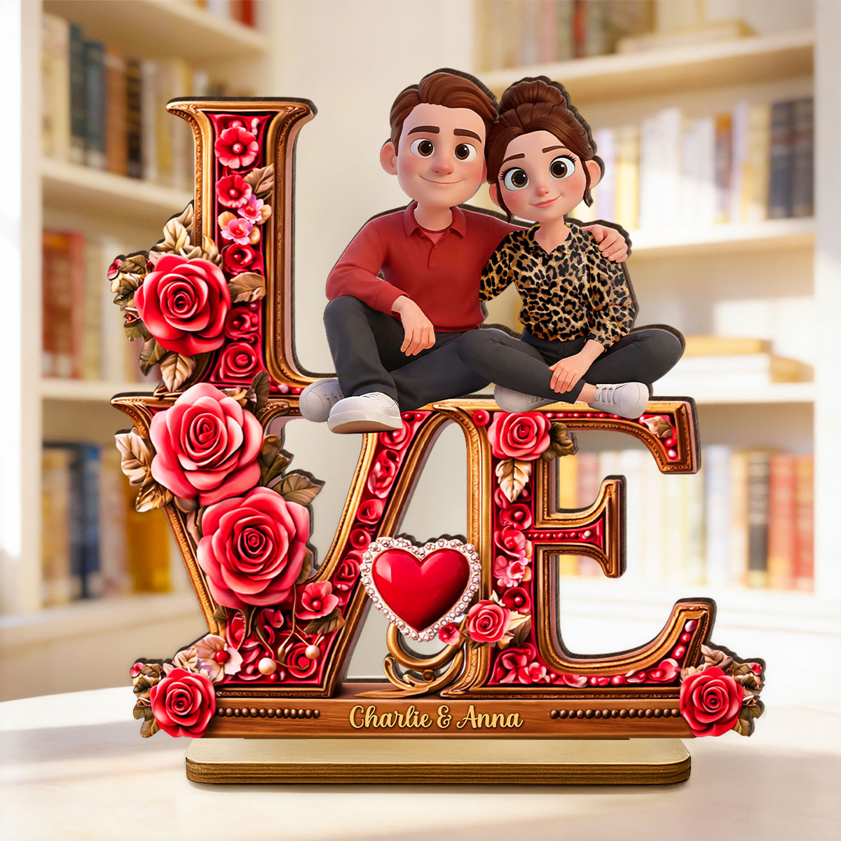 Couple Heart Rose Love - Personalized 2-Layered Wooden Plaque - Heartfelt Valentine's Day Gift for Her, for Him