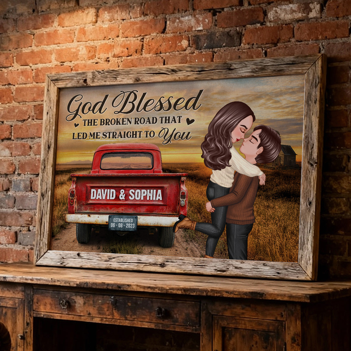 Rustic Nostalgia Red Truck Couple Hugging Kissing - Personalized Poster - Heartfelt Valentine, Anniversary Gift For Him, For Her, Farmhouse Decor