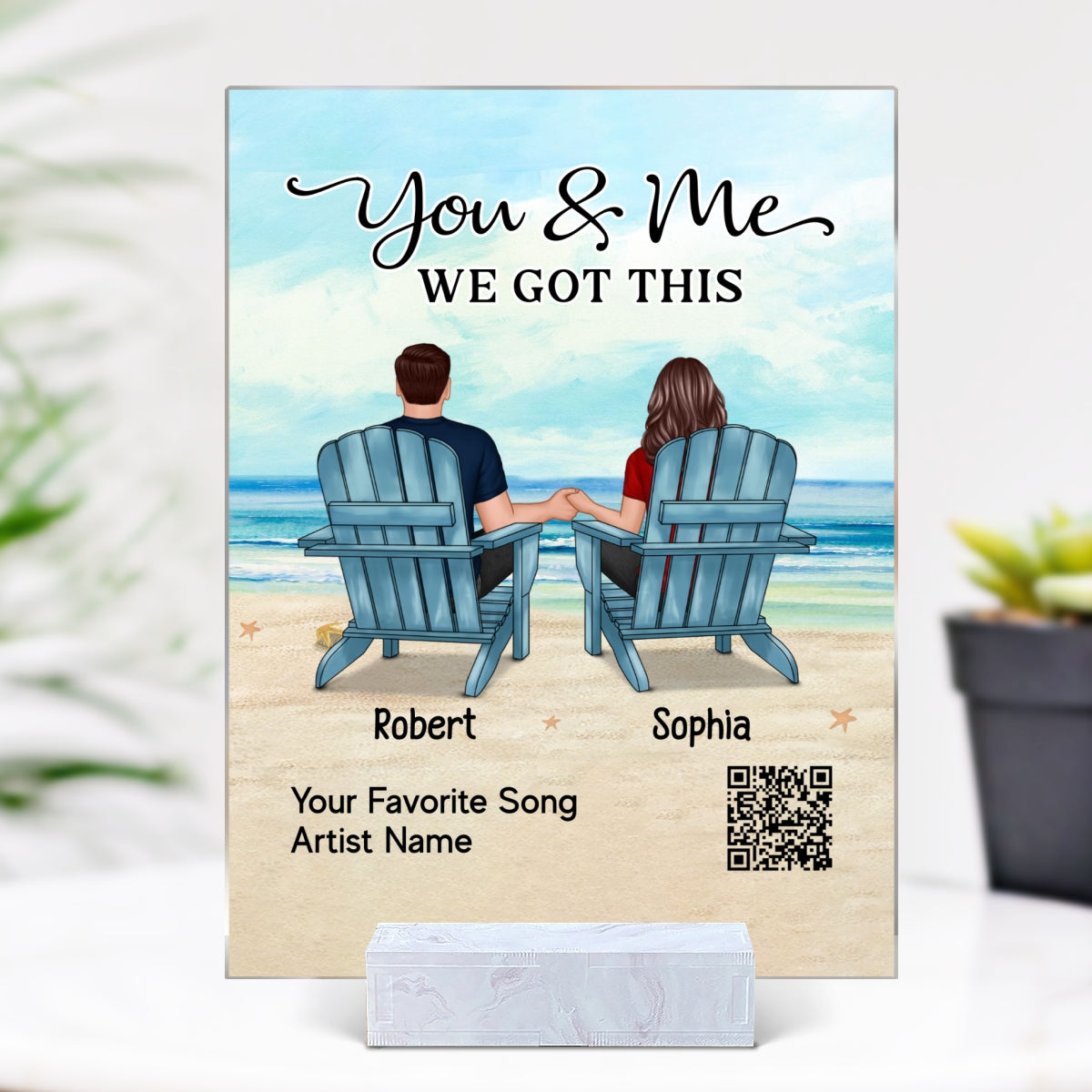 Couple Back View Sitting At Beach Favorite Song QR Code Personalized Acrylic Plaque