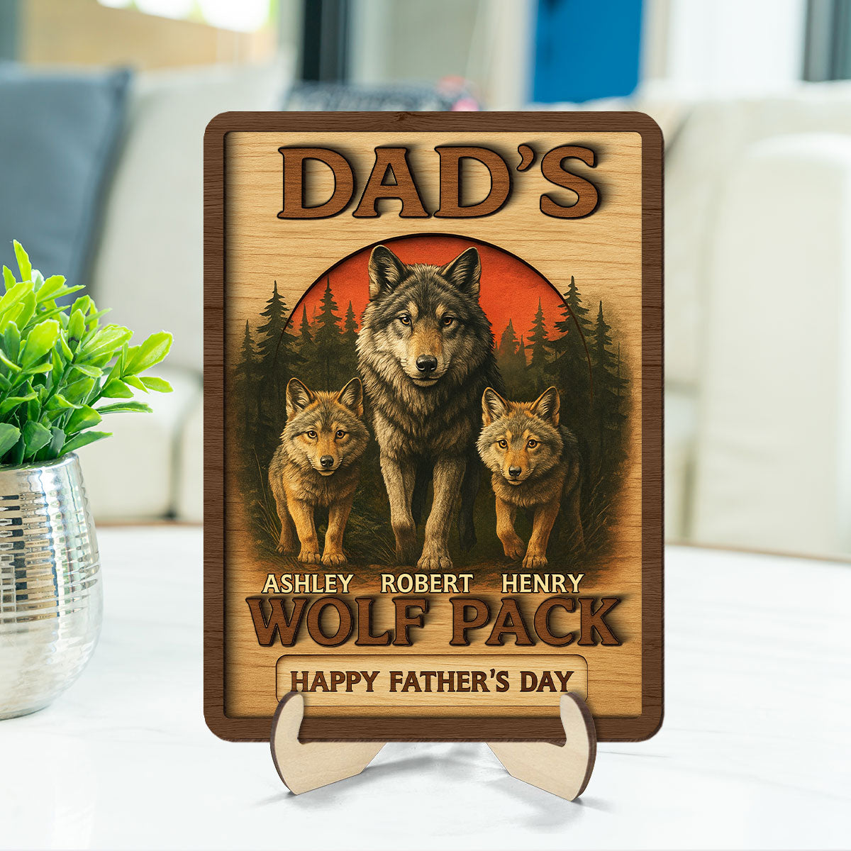 Dad's Wolf Pack Personalized 2-Layered Wooden Plaque,  Gift for Dad