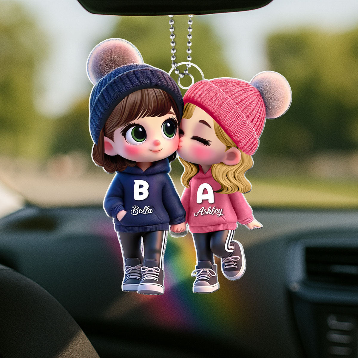 Personalized 3D Cartoon Lesbian Couple Car Ornament – Cute Acrylic Gift for Pride Month