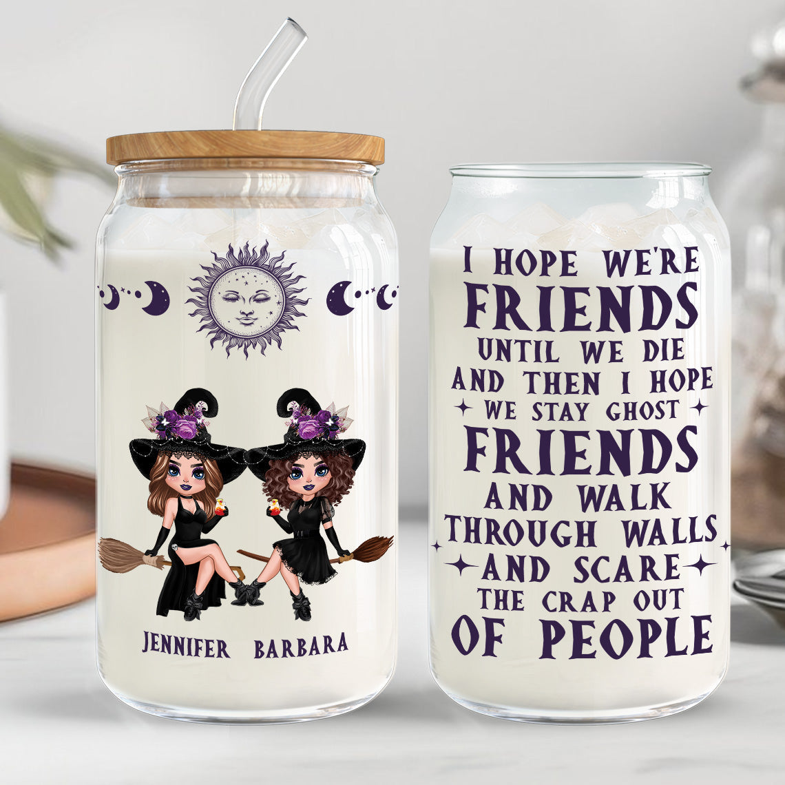 Witch Besties Hope We're Friends Until We Die Personalized Glass Can, Halloween Gift For Best Friends