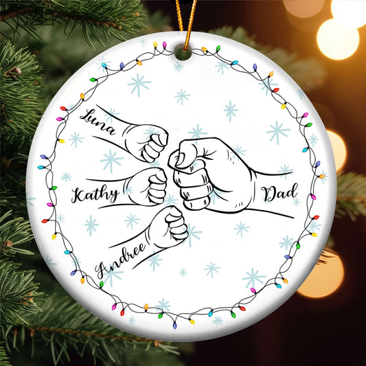 Dad Hand Bump Kid Name Christmas Light - Personalized Ceramic Ornament