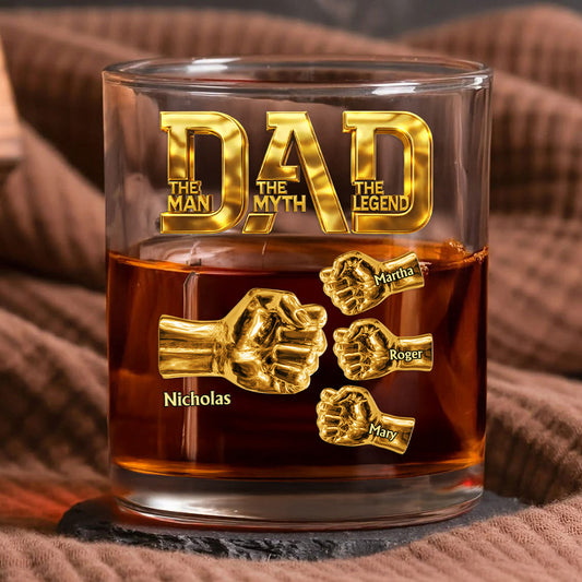 Father's Day Gifts, Dad The Man The Myth The Legend - Fist Bump With Kids Names - Personalized Whiskey Glass