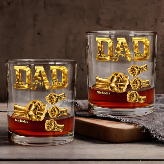 Father's Day Gifts, Dad The Man The Myth The Legend - Fist Bump With Kids Names - Personalized Whiskey Glass