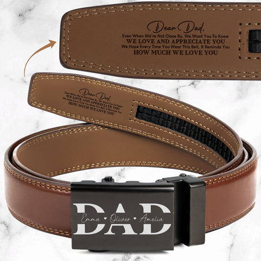 Father's Day Gifts, Dad With Kids' Names - Personalized Leather Belt With Engraved Buckle