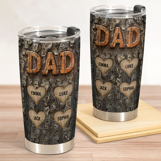 Father's Day Gifts, Dad With Kids' Names Wood Carved Printed - Personalized Tumbler Cup