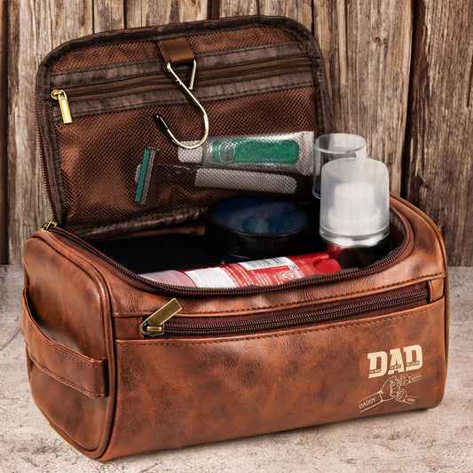 Father's Day Gifts, Dad The Man The Myth The Legend Fist Bump - Personalized Leather Toiletry Bag
