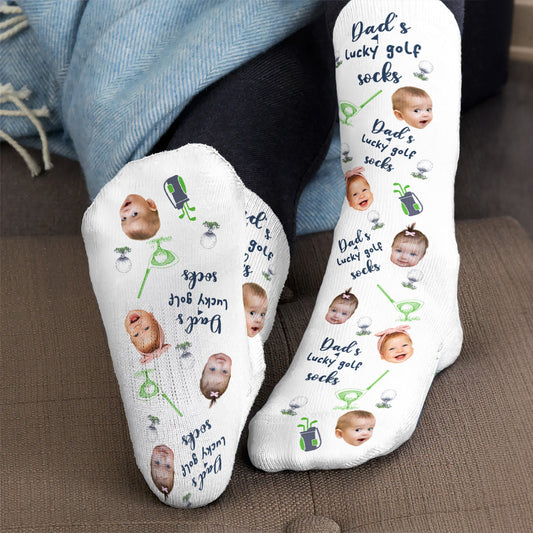 Father's Day Gifts, Dad's Lucky Golf Socks - Personalized Photo Crew Socks