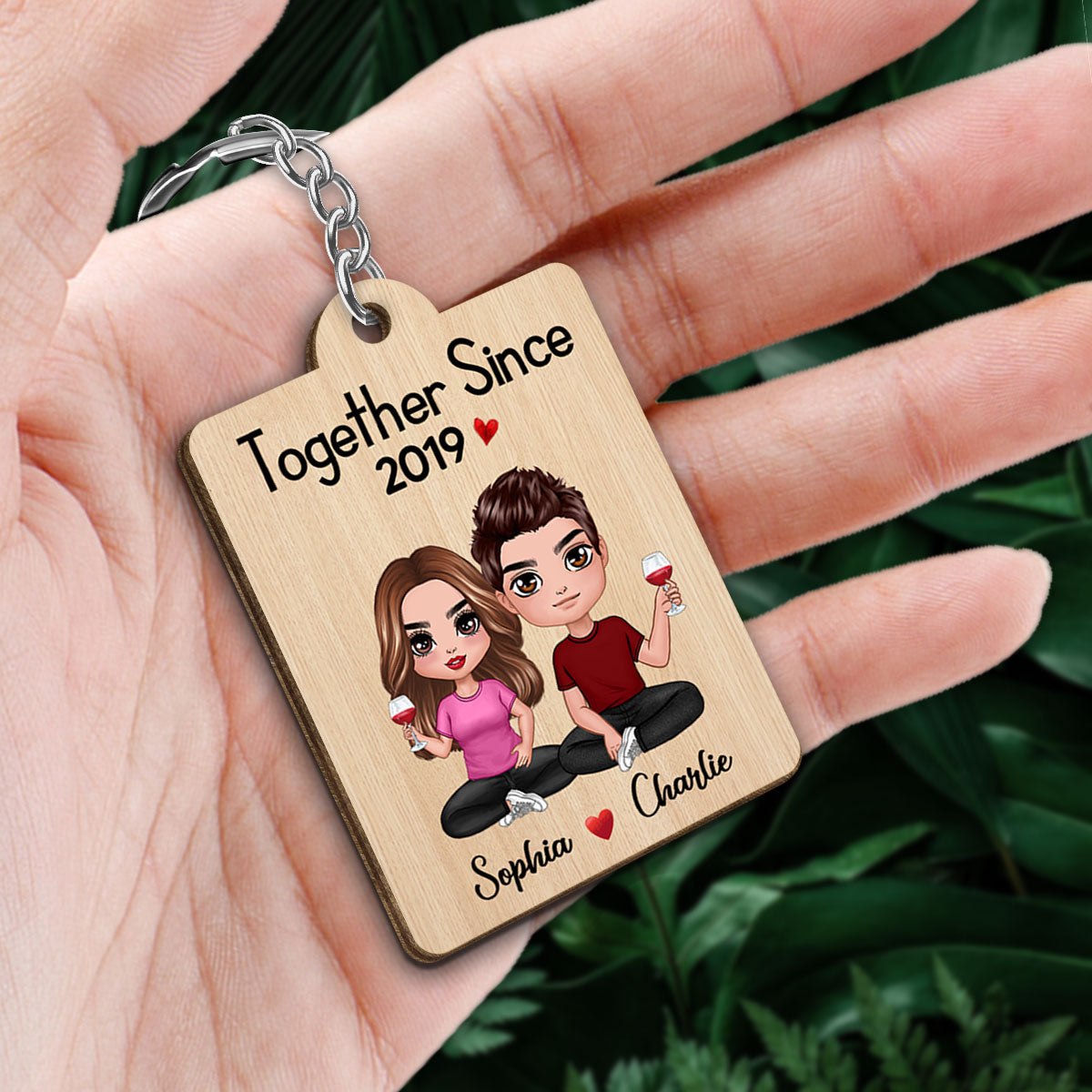 Doll Couple Sitting Favorite Song Scannable QR Code Personalized Wooden Keychain