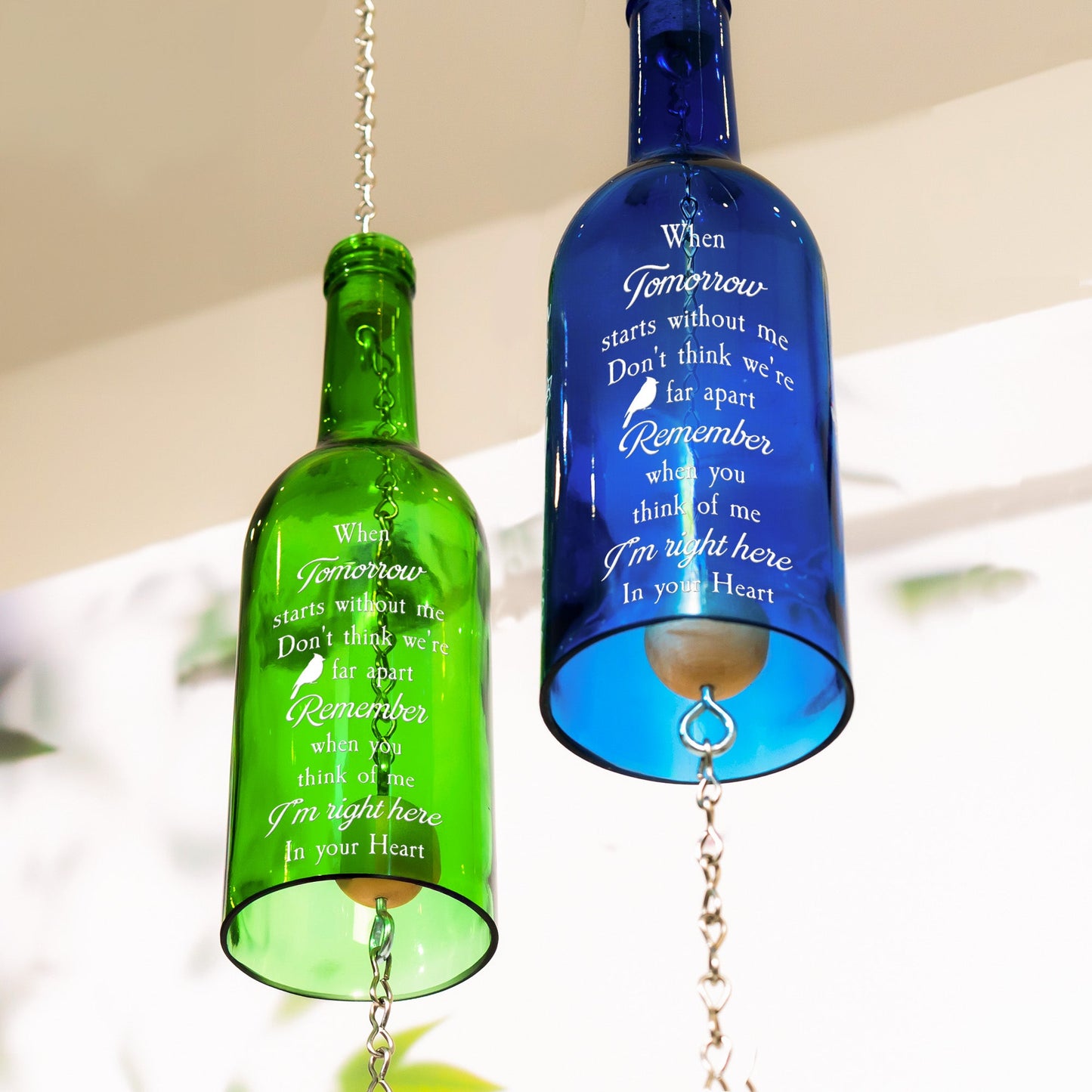 Don't Think We're Apart Memorial Gift - Personalized Photo Wine Bottle Wind Chime