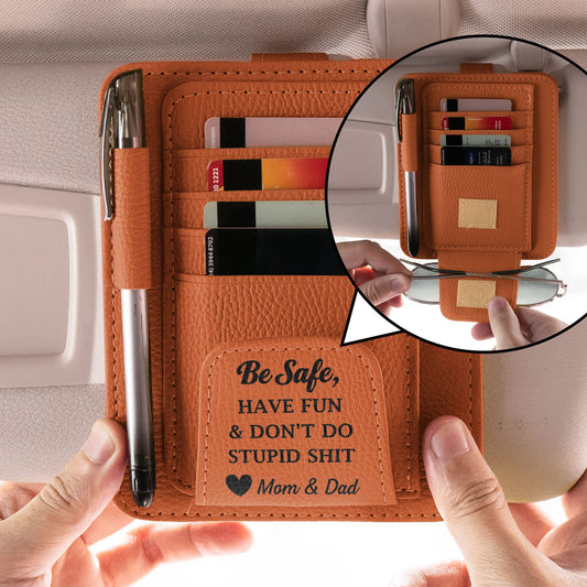 Father's Day Gifts, Drive Safe - For Son, Dad, Husband, Family - Personalized Leather Car Visor Organizer