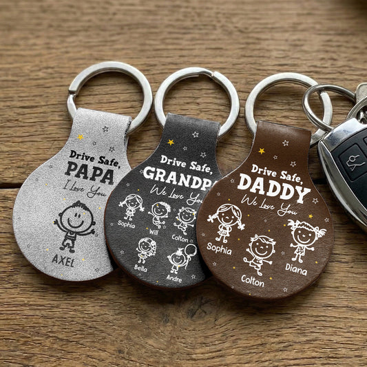 Father's Day Gifts, Drive Safe, Daddy Mommy Papa Grandma We Love You - Doodle Kids - Personalized Keychain