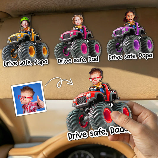 Father's Day Gifts, Drive Safe, Daddy, Papa, Mommy, Grandma - Custom Kids' Face Monster Truck - Personalized Car Visor Clip