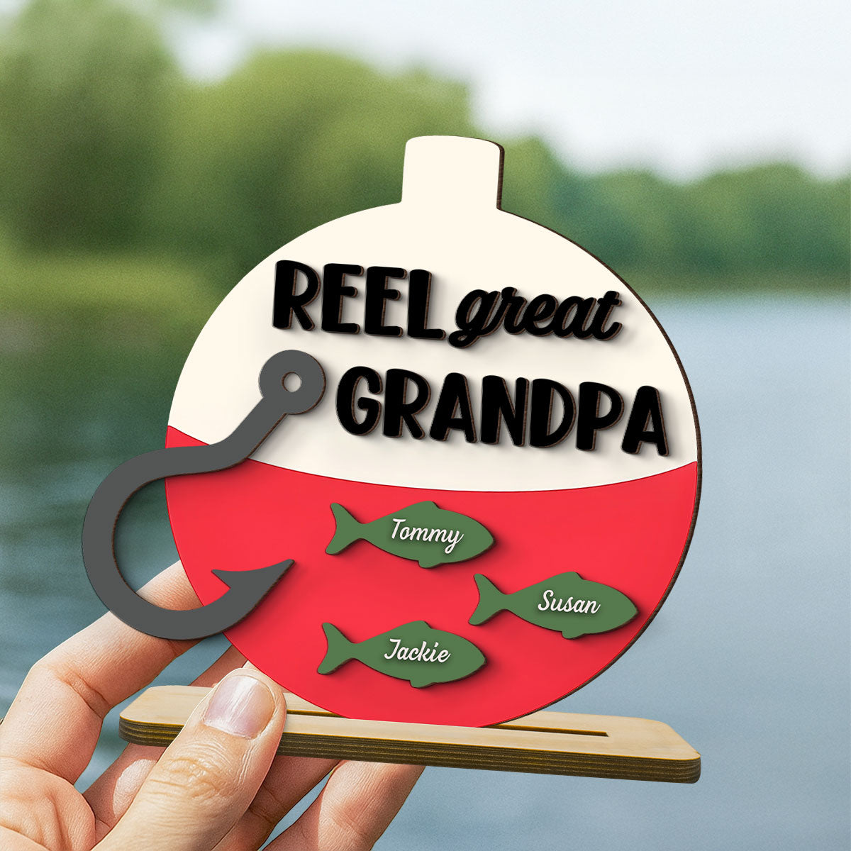 Reel Great Dad Grandpa Personalizd 2-Layer Standing Wooden Plaque,  gift for Fishing Dad Grandpa