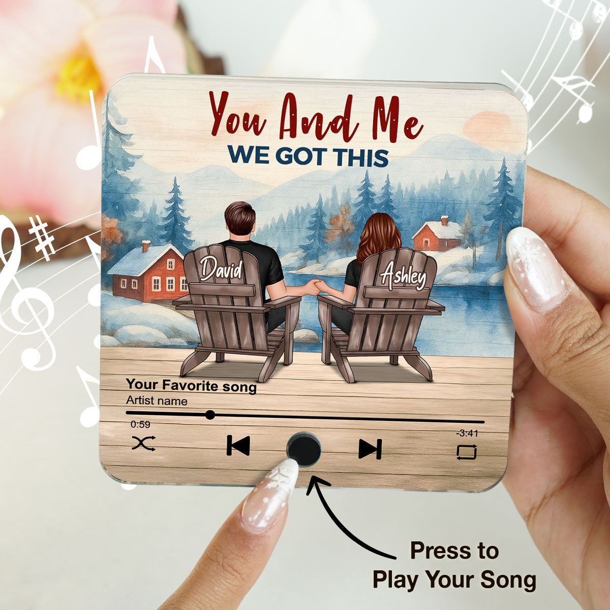 Peaceful Lakeside Forest Scene Couple Sitting Back View Personalized Music Magnet