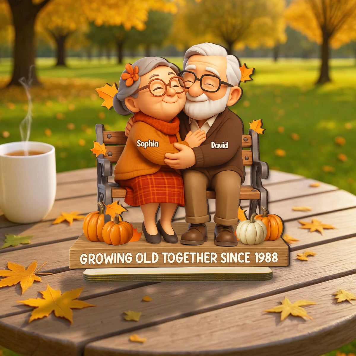 Old Couple Sitting Hugging Personalized Standing Wooden Plaque, Fall Decor for Couples