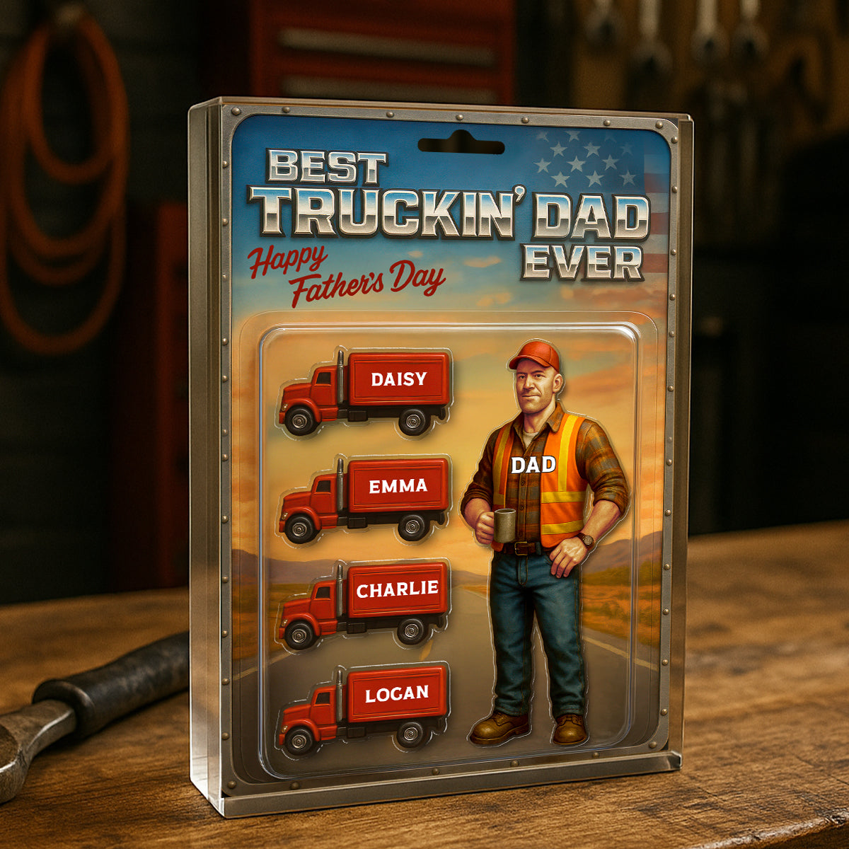 Best Truckin' Dad Ever Nation Flag Custom Action Figure Personalized Acrylic Block Plaque,  Gift for Trucker Dad