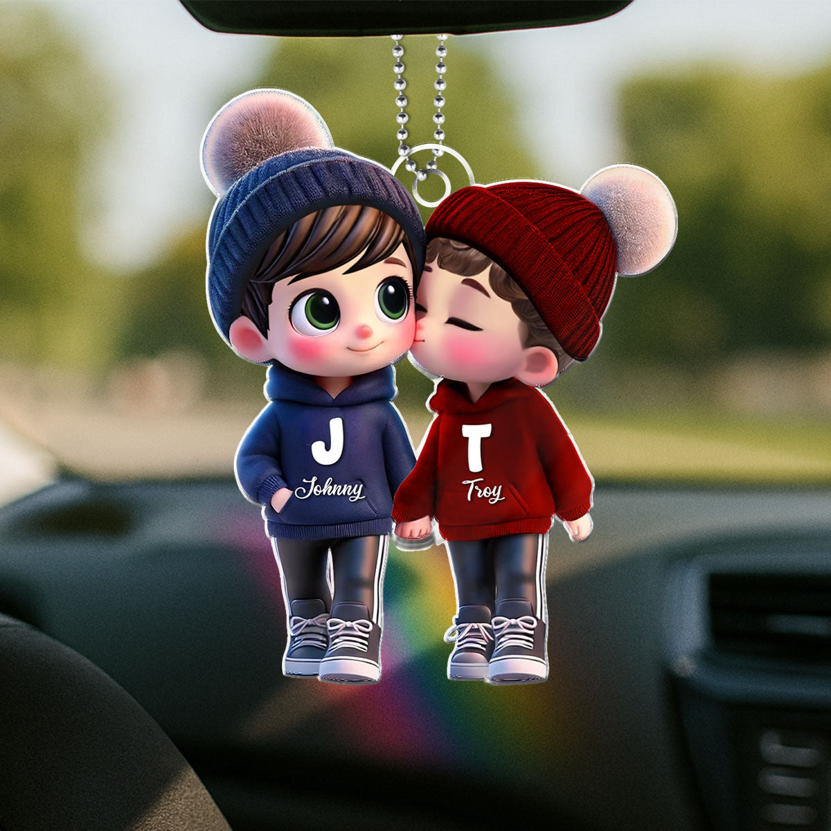 3D Effect Cute LGBTQ Cartoon Couple Summer Vibe Personalized Acrylic Car Ornament, Pride Month Gift