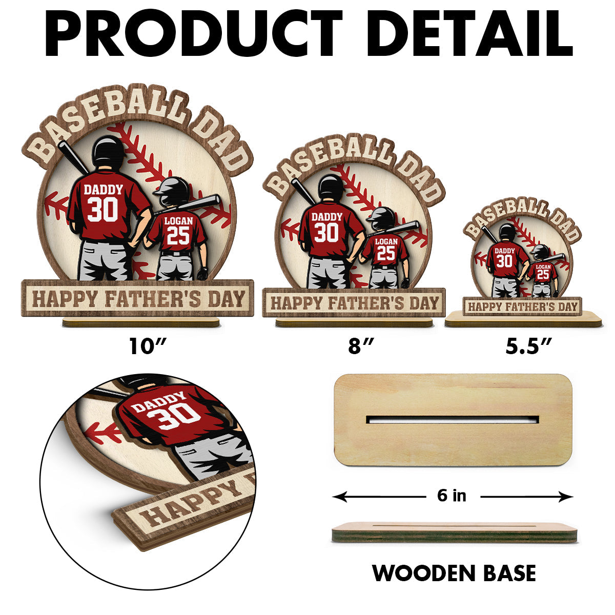 Baseball Family Back View Personalized 2-Layered Standing Wooden Plaque,  gift for Dad, for Husband