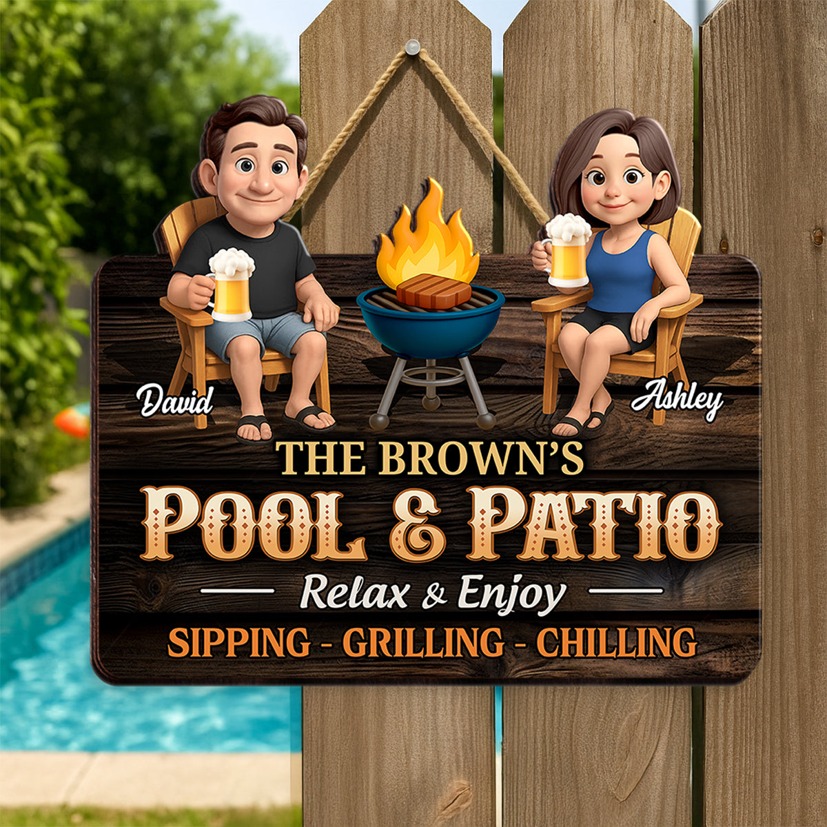 Couple Pool & Patio Sipping Grilling Chilling Personalized Wood Sign