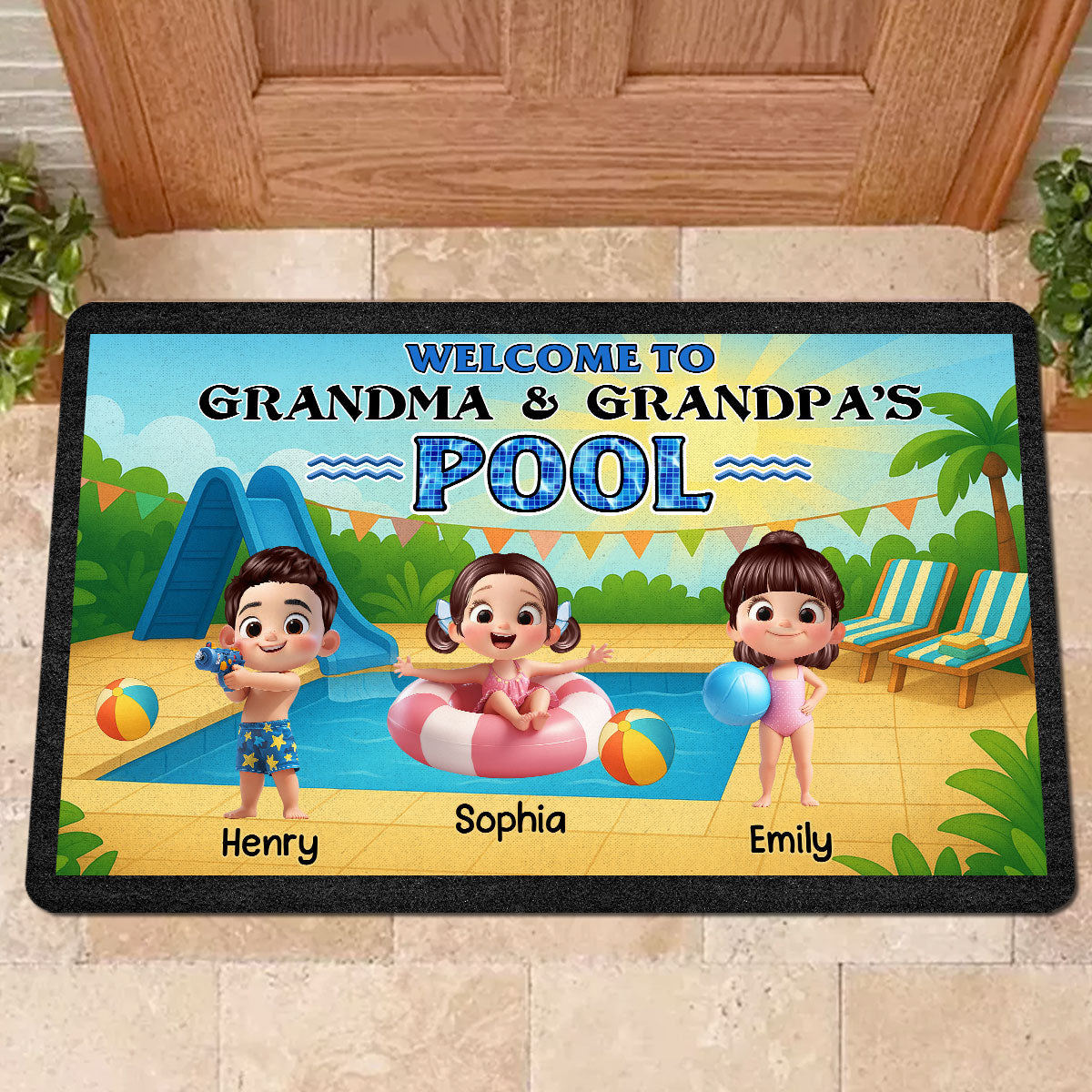 Welcome to Grandma & Grandpa's Pool Personalized Non-Slip Doormat, Entryway Front Porch Farmhouse Summer Grandkids Welcome Mat
