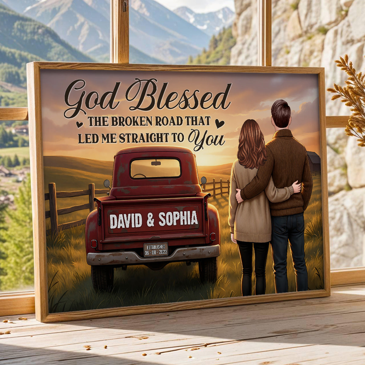 Rustic Nostalgia Red Pickup Truck Couple Together Farmhouse Decor - Personalized Poster - Heartfelt Valentine, Anniversary Gift For Him, For Her