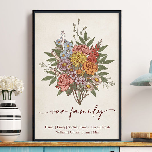 Father's Day Gifts, Family Boho Birth Flower Bouquet Flowers Gift For Mom, Grandma, Family - Personalized Poster